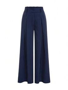 Selianne Damen neue marineblau gestreifte Anzughose, hochwertige Mode mit hoher Taille, eleganter plissierter Gummibund, gerade weite Beine, lässige Hose, geeignet für Frühling/Herbst, Büroalltag, vielseitig einsetzbar - marineblau - Übersicht 5