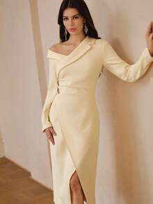 ZEYLAH Elegant Party Asymmetric Collar Cinched Waist Draped Midi Dress, Autumn/Winter - Light Yellow - View 4