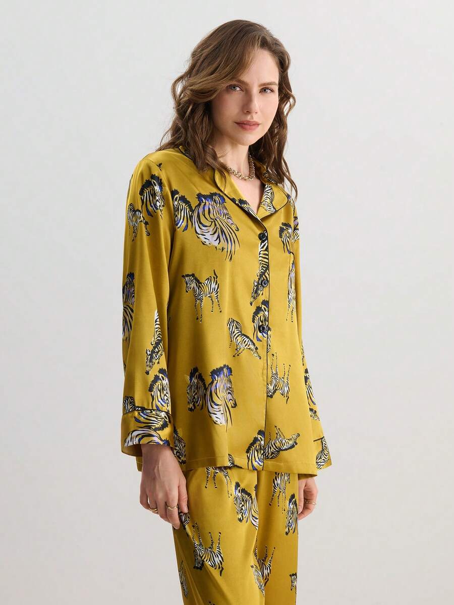 Hourtrue 2pcs Zebra Pattern Versatile Minimalist Commuting Lapel Long Sleeve Top And Pants Women Pajama Setfor Summer - Ginger - View 1