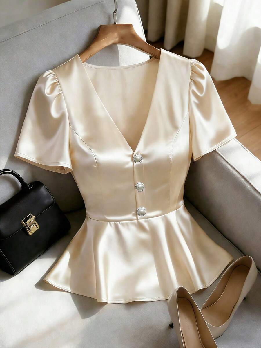 SHEIN Franclia 女士V领珍珠纽扣休闲衬衫，夏季百搭优雅办公装 - 杏色 - 查看 1