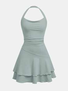 SHEIN Girlism 少女针织领口腰部褶饰蛋糕下摆连衣裙 - 薄荷綠 - 查看 4