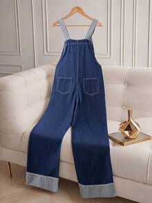 Mono de mezclilla con diseño de tirantes de hombro a rayas y patchwork para mujer - Azul - Ver 2