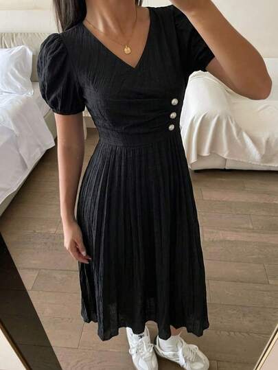SHEIN Teen Girls Spring & Summer Dresses, New Year, Valentine's Day - Clean Girl/Elegant Pink Holiday Long Sleeve Pearl Button Decor A-Line Maxi Dress, Princess Dress, Wedding Season Vintage//Beach/Sea/Elegant Dress Black Classy Dress Black Dress For Women Casual Elegant Dress