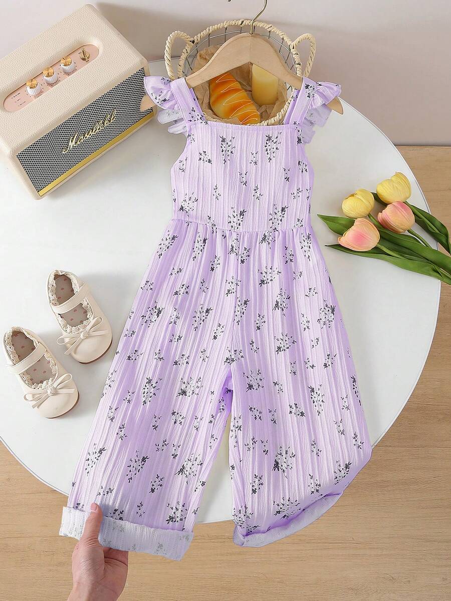 SHEIN Playful Pals 少女复古休闲修身独特印花连体裤 - 适合夏季户外活动和上学穿着 - 紫色 - 查看 1