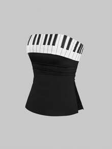 ROMWE Y2K可爱休闲钢琴键印花翻领露脐吊带背心，侧开衩设计，女款 - 黑色 - 查看 6