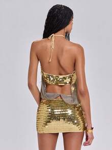 ROMWE Spring/Summer Y2K Music Festival Outfit, Sequin Patchwork Deep V Spaghetti Strap Crop Top And Sequin Mini Skirt 2 Pieces Set - Gold - View 6