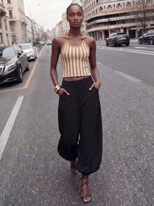 SHEIN Maija New Khaki Striped Adjustable Beaded Tie-Up Neck Knit Top, Elegant Urban Commuter Wear For Women, Spring/Summer - Coffee Brown - View 5