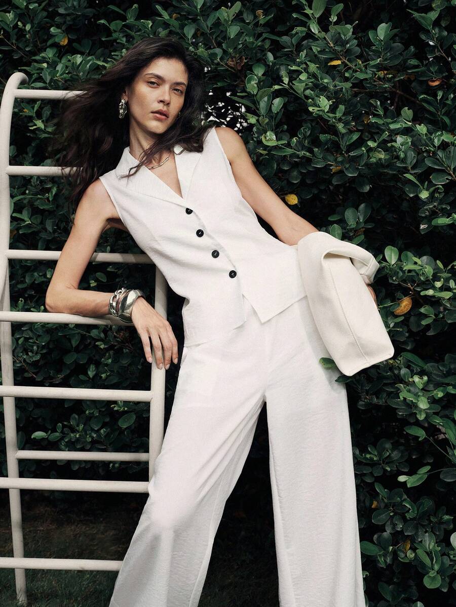 Lumivelle Women's Solid Color Sleeveless V-Neck Suit Set, Casual And Formal Occasion - White - View 1