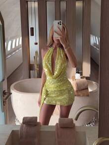 Vowa Elegant Millennium Sexy Cold Shoulder Beaded Embroidered Ruched Twist Hem Mini Dress, Suitable For Festivals, Weddings, Galas, Concerts, Business Events, Influencer Occasions Yellow Sequin Dress Glitter Dress - Yellow - View 4