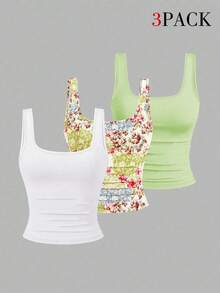 EMERY ROSE 3pcs Plus Size Women's Casual Solid Color & Full Printed Pattern Sleeveless Vest Set, Summer - Multicolor - View 1