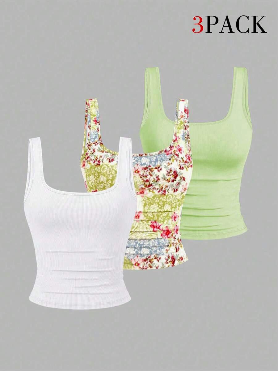 EMERY ROSE 3pcs Plus Size Women's Casual Solid Color & Full Printed Pattern Sleeveless Vest Set, Summer - Multicolor - View 1