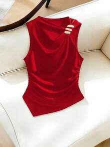GlowEve CURVE Plus Size Women Casual Versatile Side Ruched Metal Buckle Decor Tank Top - Red - View 1