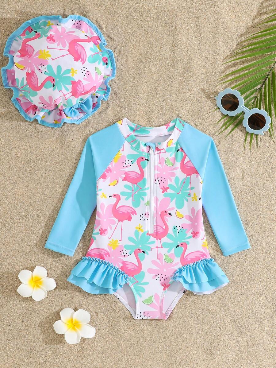 SHEIN Baby Girls' Cute Elastic Pink Contrast Color Donut Print Ruffled Long Sleeve 2 Pieces Swimsuit With Hat