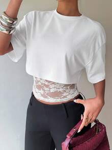 Siren Gaze 2-In-1 Design Women Lace Patchwork Short Sleeve T-Shirt, Y2K Style Summer Casual Top,Summer Top - White - View 8