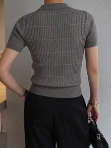 DAZY Women's Striped Collared Short Sleeve Sweater Summer Business Casual Woman - Grey - View 3