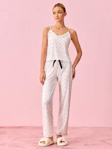 Bonmuse 荷叶边圆点印花吊带背心和长裤睡衣套装 - 彩色 - 查看 4