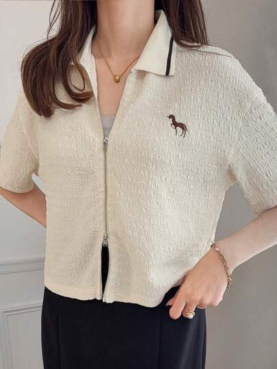 FRIFUL 女士休闲前拉链短袖T恤，夏季