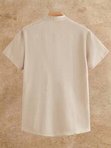 Manfinity VCAY Men's Solid Color Single-Breasted Casual Pocket Woven Short Sleeve Shirt - Khaki - View 3