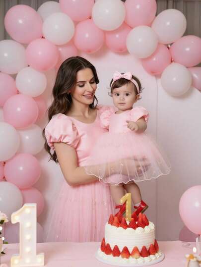 SHEIN Glamorique Kids 女童公主裙，粉色公主裙，粉色3D立体花朵网纱裙，花童裙，生日派对裙，婚礼节日裙，泡泡袖，中东、欧美风，可爱漂亮裙