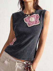 Bohemela Casual Knit Patchwork Round Neck Sleeveless Fitted Washed Tank Top For Women Everyday Grey Summer - Black - View 2