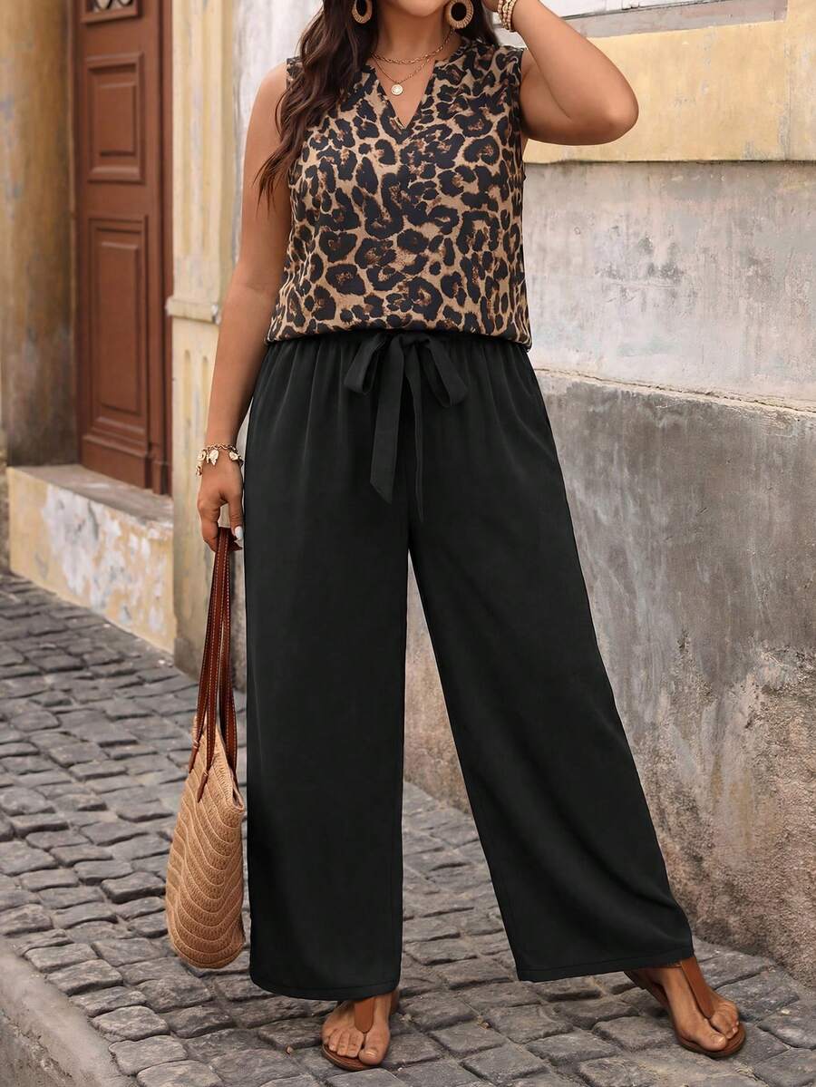 SHEIN VCAY Plus Size Leopard Print V-Neck Shirt And Solid Color Black Pants 2-Piece Set,Summer Smart Casual Vacation Holiday Beach Outfit,Boho Music Festivals - Black - View 1