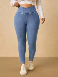 SHEIN Tall CURVE Plus Size Casual Washed High Waist Slim Fit Jeans - Light Wash - View 4