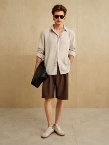 MENRIVO Men's Solid Color Front Button Casual Linen Long Sleeve Light Brown Shirt, Men Beige Shirt For Apricot, Fall - Khaki - View 3