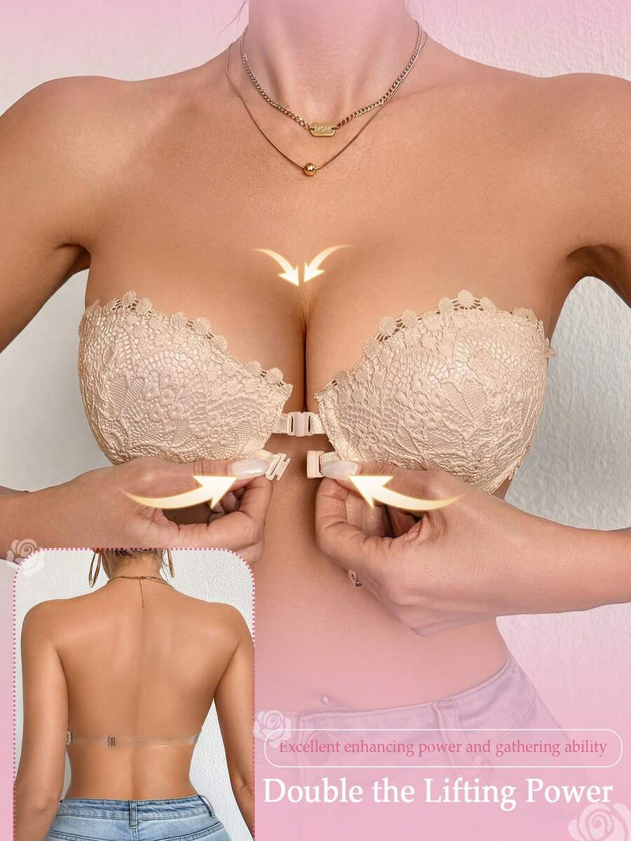 DesireSculpt 1 chiếc áo ngực ren màu trắng có gọng dành cho nữ, cài trước, gợi cảm và thoải mái, nâng đỡ tốt. - Màu be - Xem 1