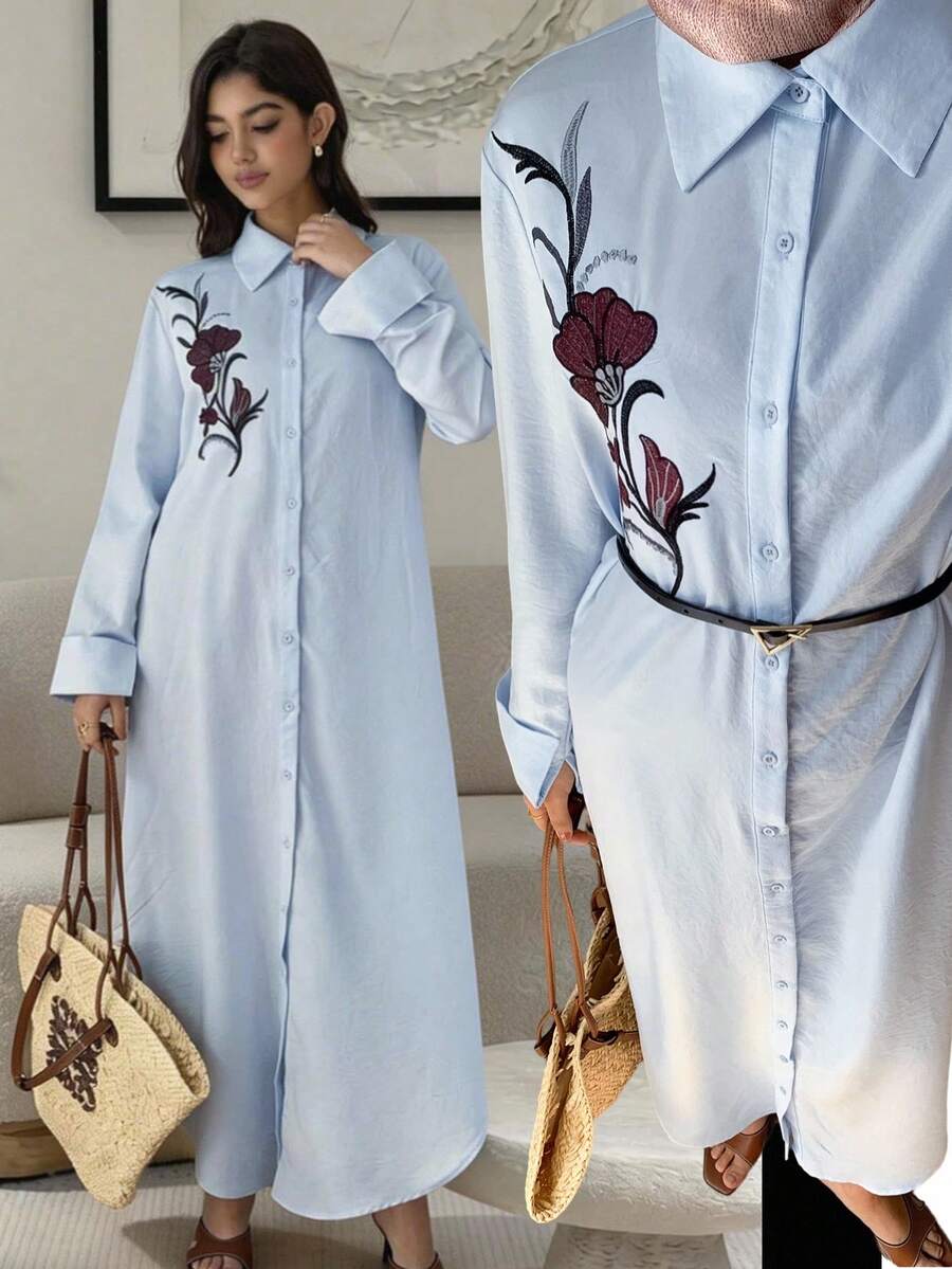 Mulvari Đầm nữ kiểu Ả Rập thêu hoa, cài cúc phía trước, phong cách thường ngày, thích hợp cho mùa thu. - Màu xanh nhạt - Xem 1