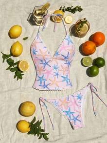 SHEIN MOD 显瘦清爽海星印花荷叶边女士泳装套装夏季沙滩度假比基尼泳衣 - 淺粉色 - 查看 4