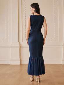 ZEYLAH Robe moulante femme à imprimé floral avec encolure en V et taille cintrée, style patchwork queue de poisson - Bleu marine - Voir 3