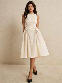 Poéselle Damen Midi-Kleid mit Falten und elegantem Taillenbund, einfarbig, für Partys - Beige - Übersicht 2