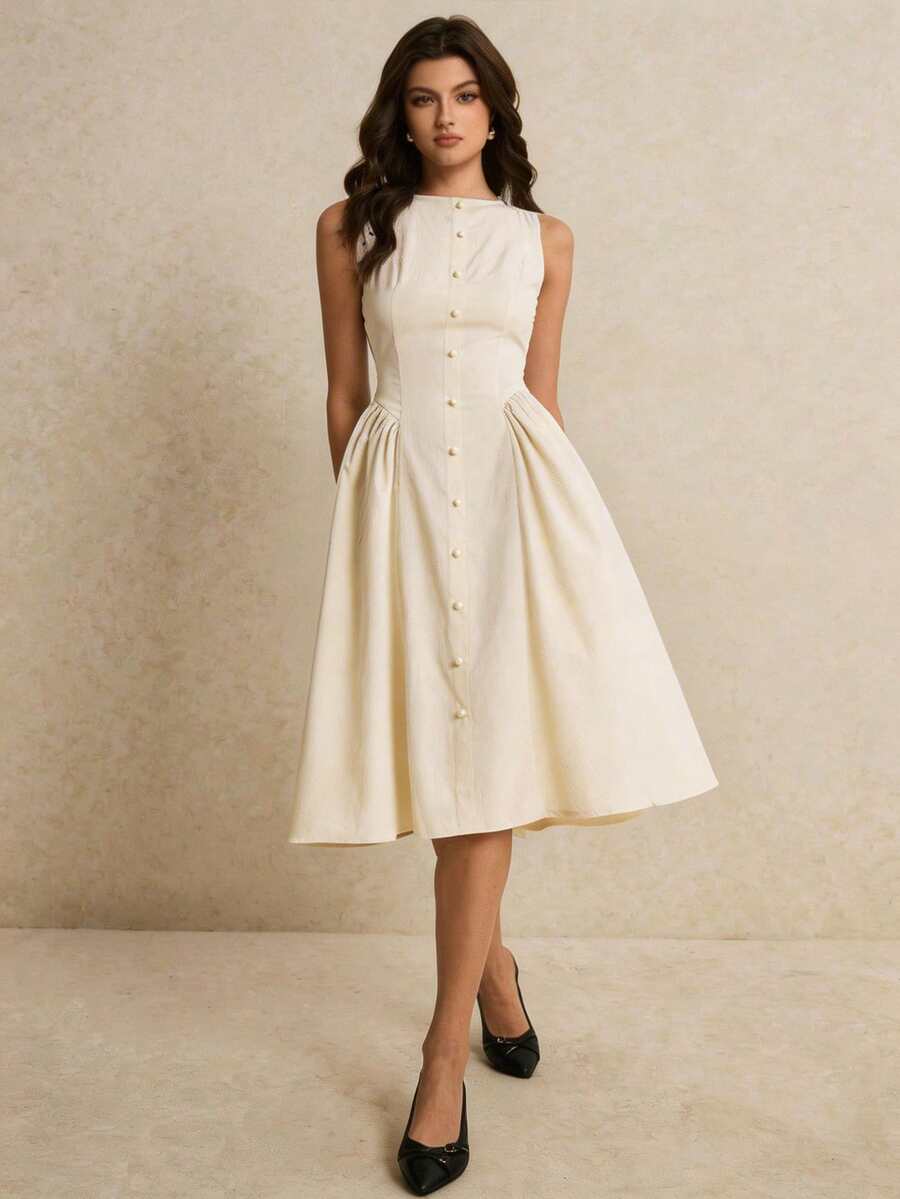 Poéselle Damen Midi-Kleid mit Falten und elegantem Taillenbund, einfarbig, für Partys