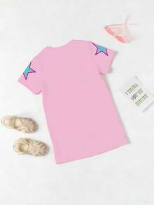 夏秋季少女休闲时尚创意个性清新简约可爱酷炫虚拟少女团体彩色五角星字母标语印花舒适短袖T恤裙，适合年轻女孩的温暖夏秋装扮 - 彩色 - 查看 2