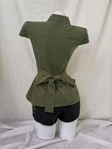Sunspun Plus Size Women Brown Short Sleeve Casual Commute Vacation Shirt Gym Summer - Green - View 2