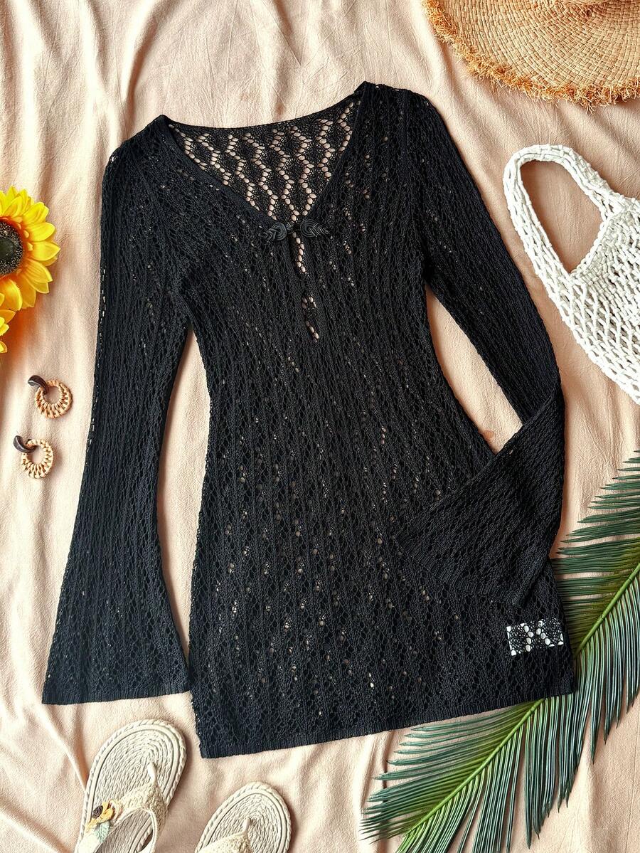 SHEIN TEENGIRL White Hollow V-Neck Beach Vacation Coverup, Versatile Holiday Essential,Kids - Black - View 1