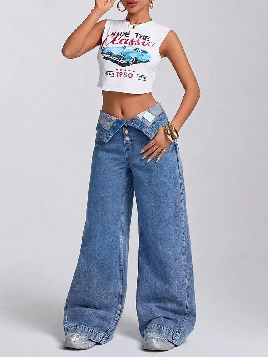 Asymmetrical Waist Wide Leg Jeans Night Out Aqua Blue Summer Y2k - Dark Wash - View 1