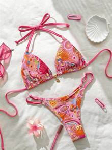 Elavelle Conjunto de bikini de mujer de unicolor con tirantes finos y sexy para vacaciones de primavera - Multicolor - Ver 2