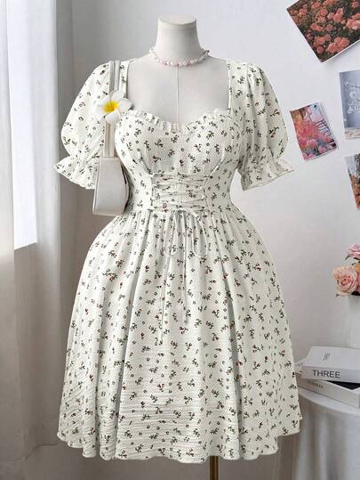 Sweetra Đầm ngắn buộc dây phía trước họa tiết hoa nhí dành cho nữ cỡ lớn