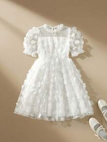 SHEIN 1pc Girls' White Autumn Elegant Flower Girl Holiday Dress,Floral Embroidered Mesh Collar Puff Sleeve Princess Dress For Birthday Party Flower Girl - White - View 8