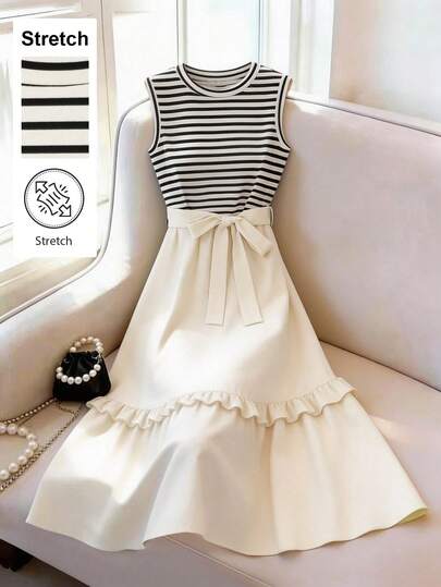 Franclia 女士中长款针织条纹拼接连衣裙，纯色面料，荷叶边下摆。无袖设计，休闲时尚，优雅中长款连衣裙，适合女性穿着。