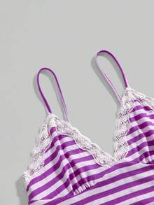 Fairycore Camiseta de tirantes casual de verano con encaje a rayas - Morado - Ver 3