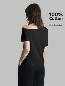 Ontre 2026春夏新款女士纯色露肩短袖上衣，休闲日常穿着，黑色宽松休闲T恤，女士夏季上衣，商务休闲，度假，海滩，生日派对，教师装，返校季，一字领上衣 - 黑色 - 查看 3