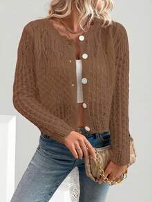 EMERY ROSE Women's Round Neck Hollow Front Button Cardigan, Autumn/Winter Knitted Sweater Jacket Golf White Basic Sexy - Rust Brown - View 7