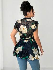 Elenzga Blouse pour femmes grandes tailles, élégante blouse d'été noire style palais pour tea party en mousseline plissée avec manches volantées, Top peplum à volants avec fermeture éclair, Gala - Noir - Voir 2