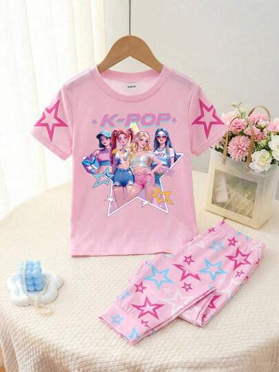 Conjunto de pijama de pantalón y manga corta minimalista informal para niñas preadolescentes, ajuste ceñido con estampado de dibujos animados, adecuado para primavera/verano