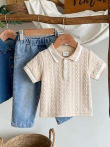 Ensemble polo jacquard décontracté couleur abricot et pantalon en jean pour bébé garçon, coupe ample et confortable, convient pour les sorties quotidiennes, les activités scolaires, les rassemblements familiaux et les jeux en extérieur - Multicolore - Voir 3