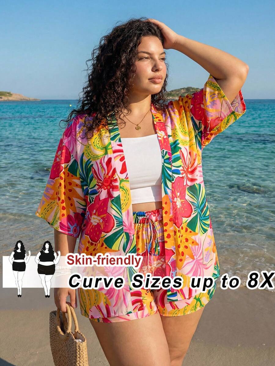 SHEIN CURVE+ 2pcs/Set Plus Size Women Tropical Floral Print Top And Tie Waist Shorts Set, Casual Pool Party Outfit, Boho Chic Summer Beach Vacation Attire, City Short Trip, Holiday Wear - Multicolor - View 1