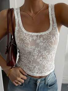 DAZY Women's Solid Color U-Neck Sleeveless Lace Fitted Fashion Tank Top, Summer - White - View 4