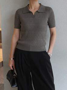 DAZY Women's Striped Collared Short Sleeve Sweater Summer Business Casual Woman - Grey - View 5